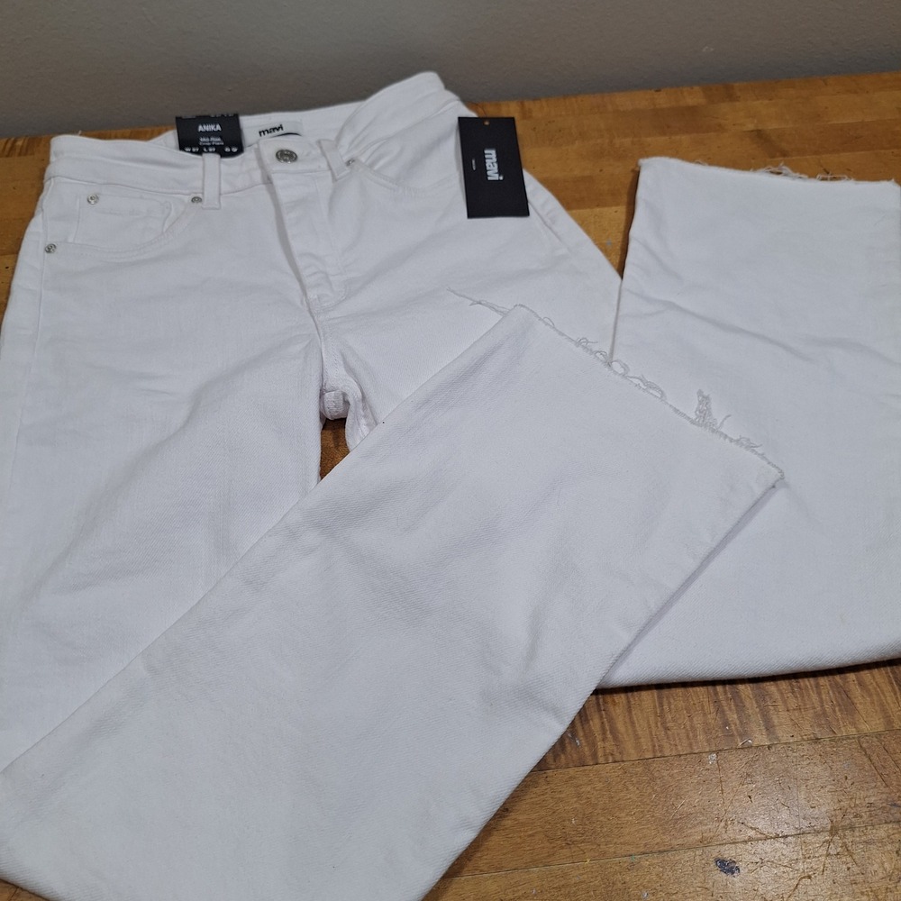 New Mavi Anika Crop Flare Jeans Wom Sz 27 White Mid-Rise Raw Hem Denim Nautical